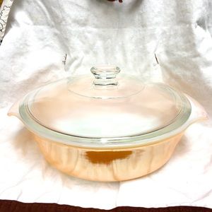 Vtg Fire King peach lustre casserole dish with lid